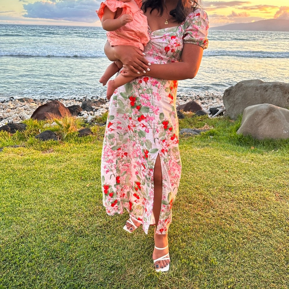 Floral Midi Dress with Pink and Red Flowers